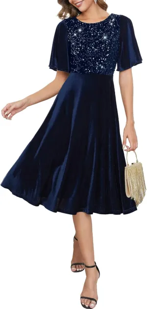 Meetjen Women's Velvet Dresses Crew Neck Fall Wedding Guest Elegant Short Sleeve Midi Sequin Cocktail Party Dress