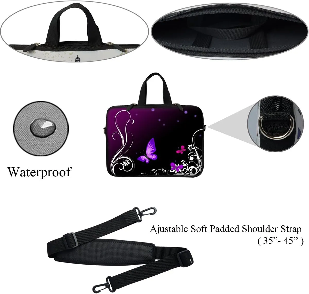 Meffort Inc® 11.6 12 Inch Neoprene Laptop Sleeve Bag Carrying Case with Hidden Handle and Adjustable Shoulder Strap (Purple Butterfly Design)