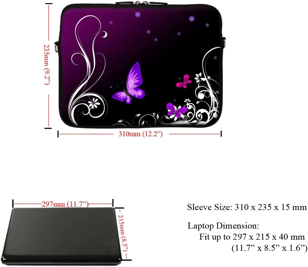 Meffort Inc® 11.6 12 Inch Neoprene Laptop Sleeve Bag Carrying Case with Hidden Handle and Adjustable Shoulder Strap (Purple Butterfly Design)