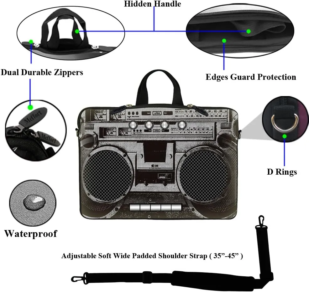 Meffort Inc 14 14.1 Inch Neoprene Laptop Sleeve Bag Carrying Case with Hidden Handle and Adjustable Shoulder Strap (Cassette Player)