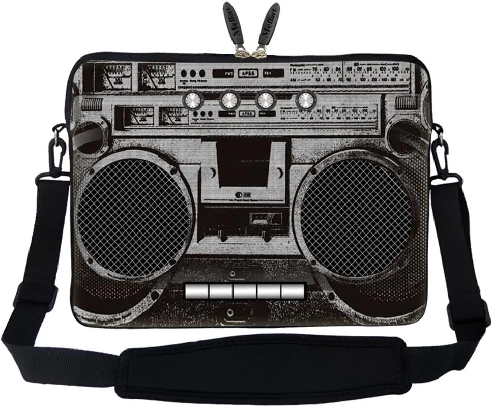 Meffort Inc 14 14.1 Inch Neoprene Laptop Sleeve Bag Carrying Case with Hidden Handle and Adjustable Shoulder Strap (Cassette Player)