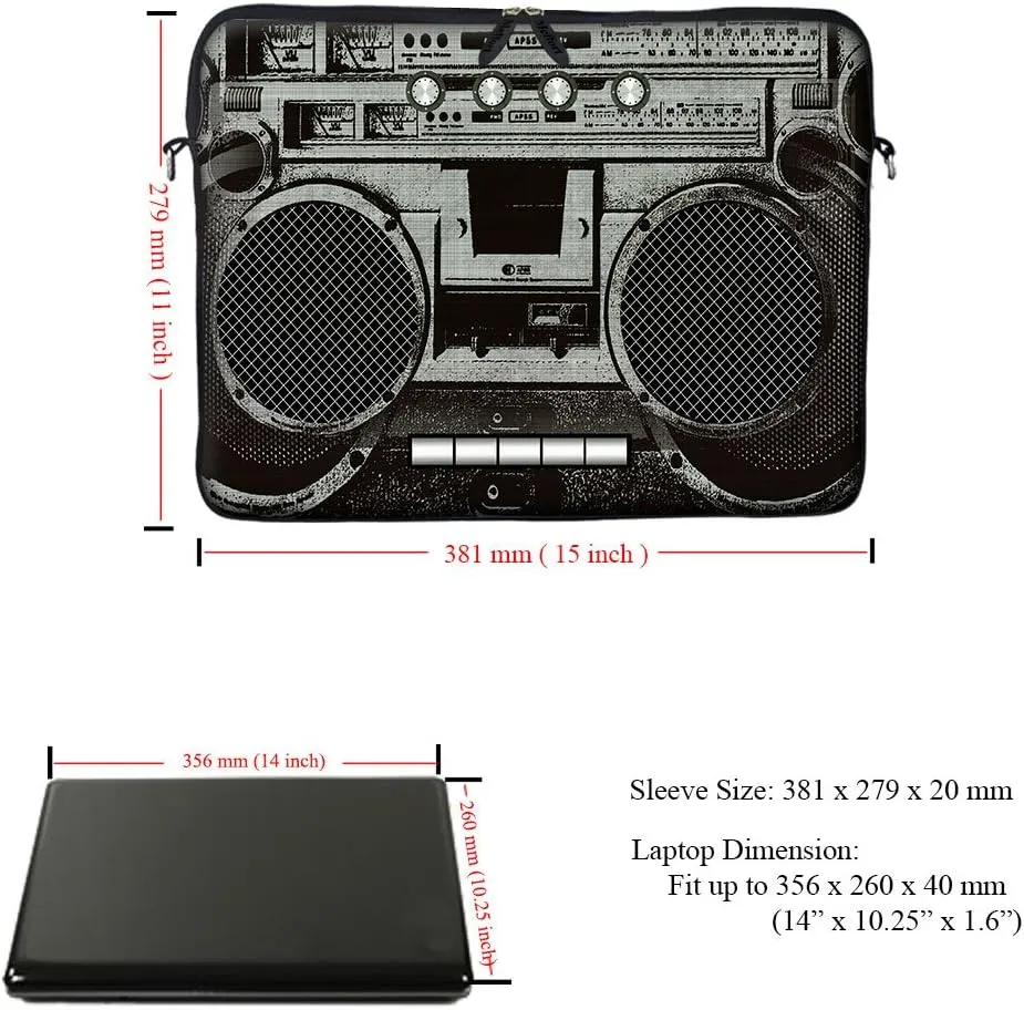 Meffort Inc 14 14.1 Inch Neoprene Laptop Sleeve Bag Carrying Case with Hidden Handle and Adjustable Shoulder Strap (Cassette Player)