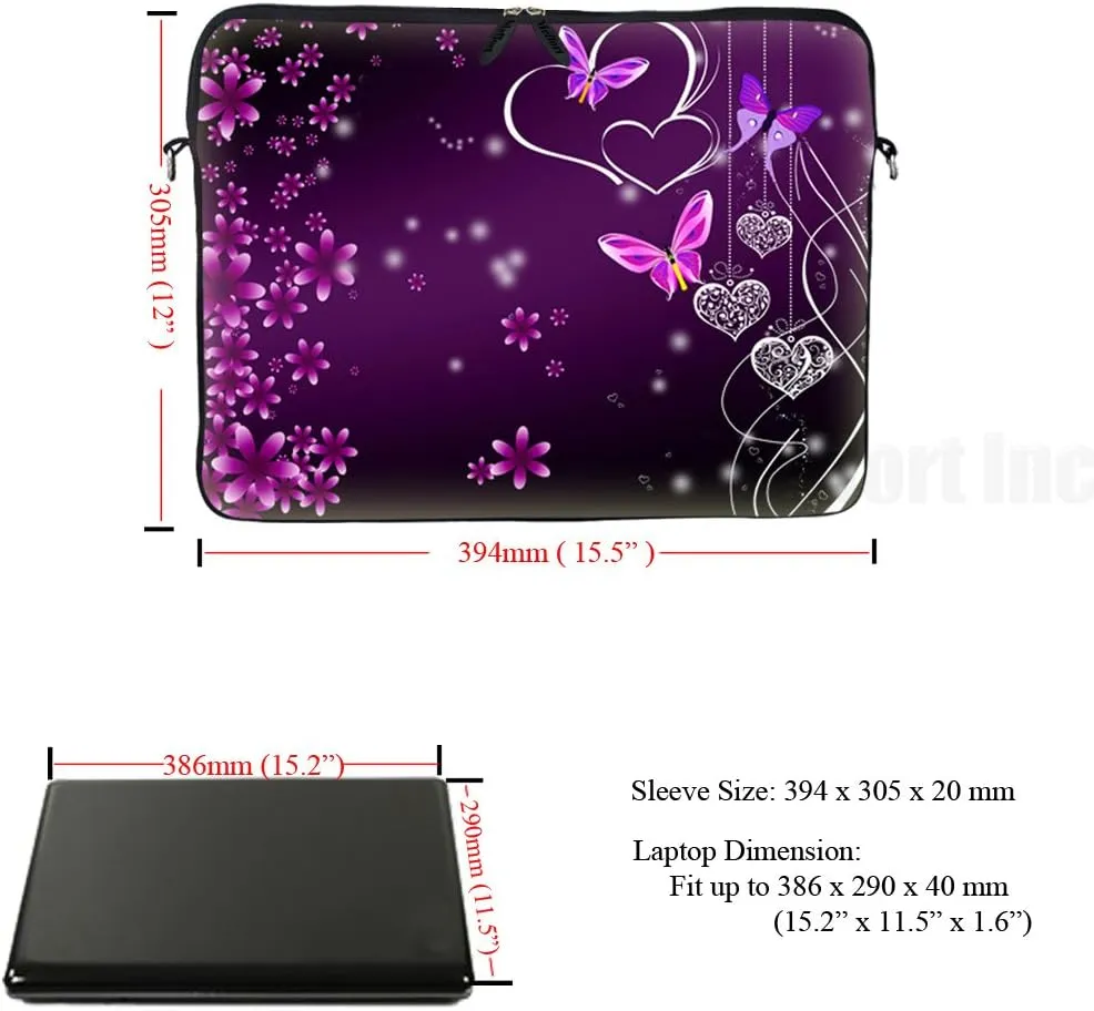 Meffort Inc 15 15.6 inch Neoprene Laptop Sleeve Bag Carrying Case with Hidden Handle and Adjustable Shoulder Strap - Purple Hearts Butterflies