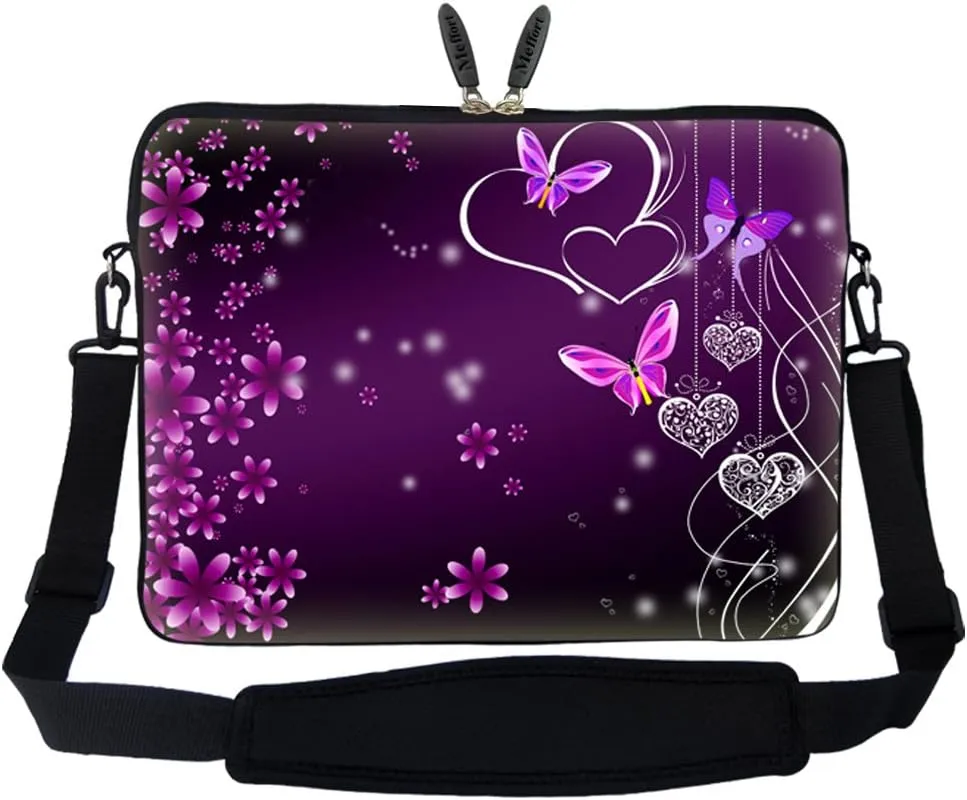 Meffort Inc 15 15.6 inch Neoprene Laptop Sleeve Bag Carrying Case with Hidden Handle and Adjustable Shoulder Strap - Purple Hearts Butterflies