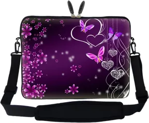 Meffort Inc 15 15.6 inch Neoprene Laptop Sleeve Bag Carrying Case with Hidden Handle and Adjustable Shoulder Strap - Purple Hearts Butterflies