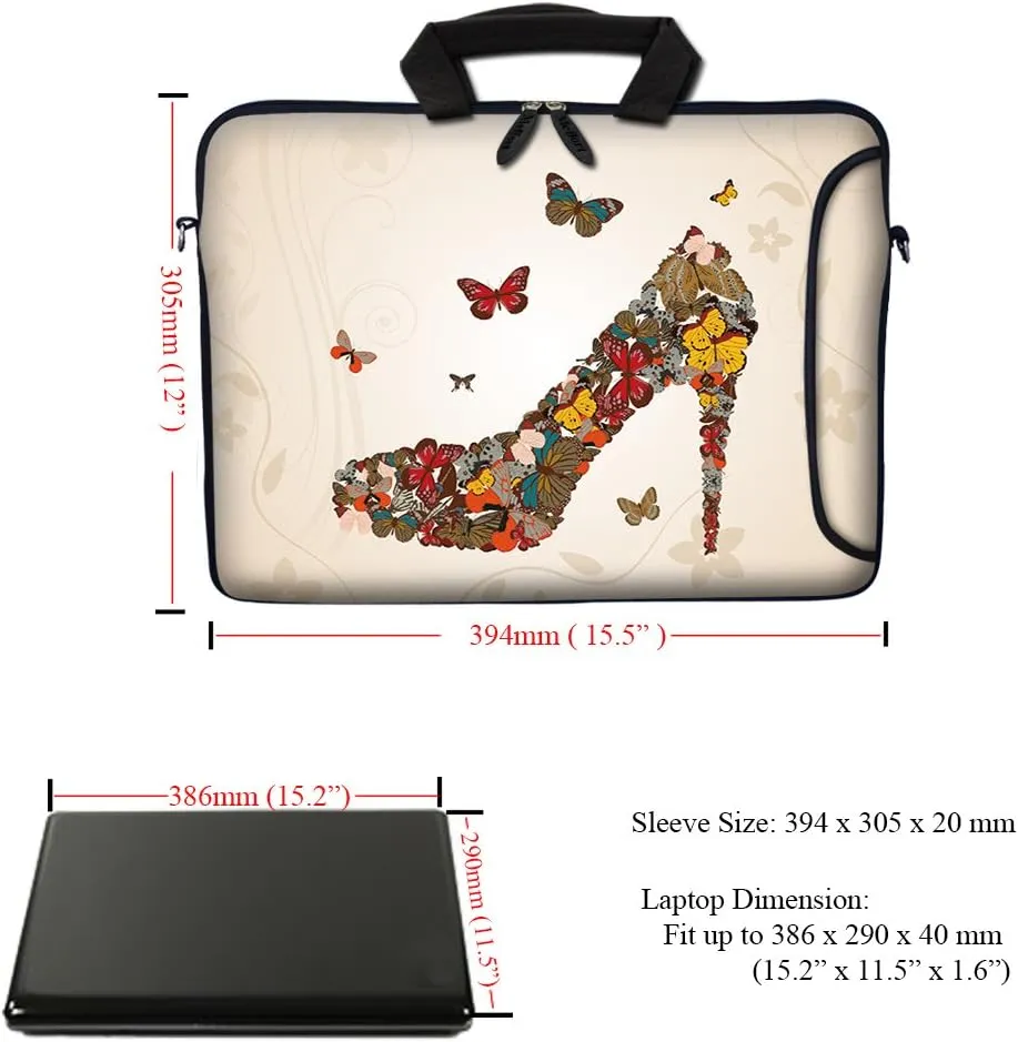 Meffort Inc 15.6 Inch Neoprene Laptop Bag – Water Resistant, Reinforced Zipper, Adjustable Shoulder Strap, Extra Side Pocket, Fits 15 to 15.6 Inch Laptops - Butterfly High Heel
