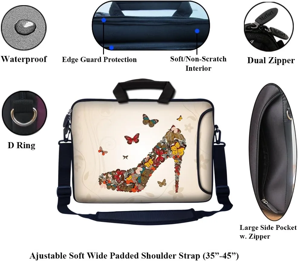 Meffort Inc 15.6 Inch Neoprene Laptop Bag – Water Resistant, Reinforced Zipper, Adjustable Shoulder Strap, Extra Side Pocket, Fits 15 to 15.6 Inch Laptops - Butterfly High Heel