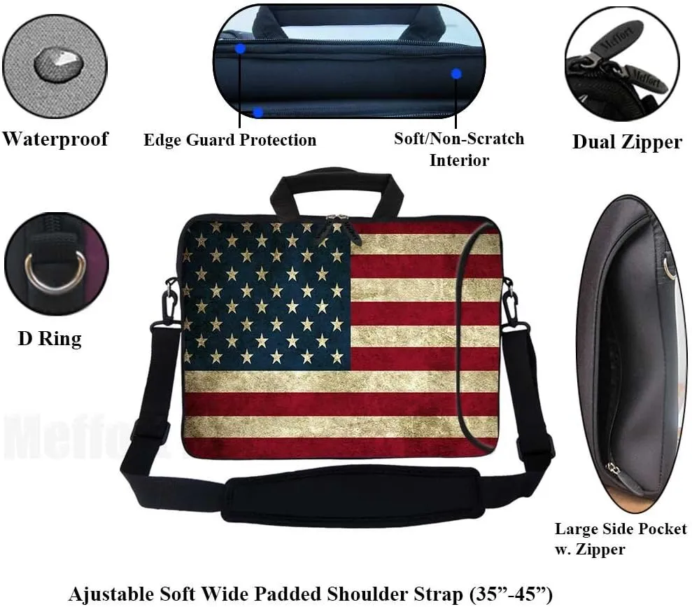 Meffort Inc 15.6 Inch Neoprene Laptop Bag – Water Resistant, Reinforced Zipper, Adjustable Shoulder Strap, Extra Side Pocket, Fits 15 to 15.6 Inch Laptops - USA Flag