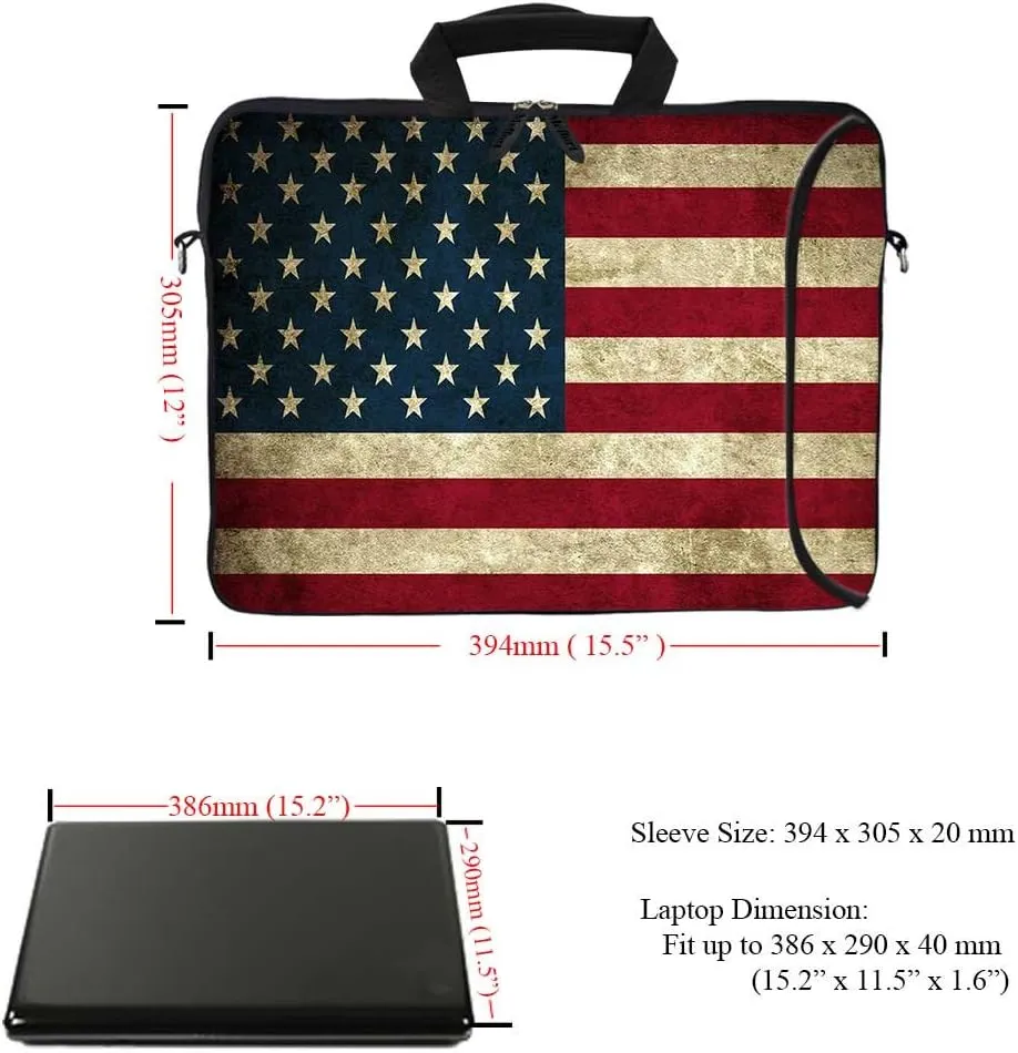 Meffort Inc 15.6 Inch Neoprene Laptop Bag – Water Resistant, Reinforced Zipper, Adjustable Shoulder Strap, Extra Side Pocket, Fits 15 to 15.6 Inch Laptops - USA Flag
