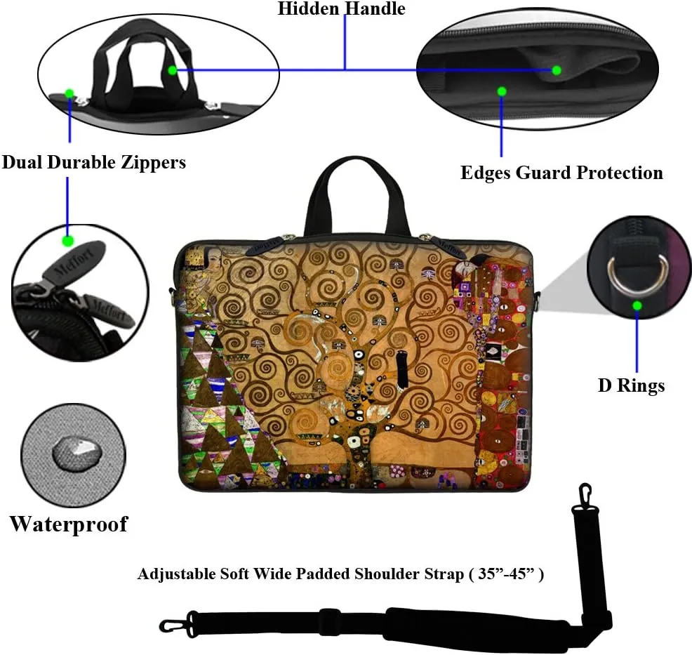Meffort Inc 17 17.3 inch Neoprene Laptop Sleeve Bag Carrying Case with Hidden Handle and Adjustable Shoulder Strap - Klimt Tree of Life