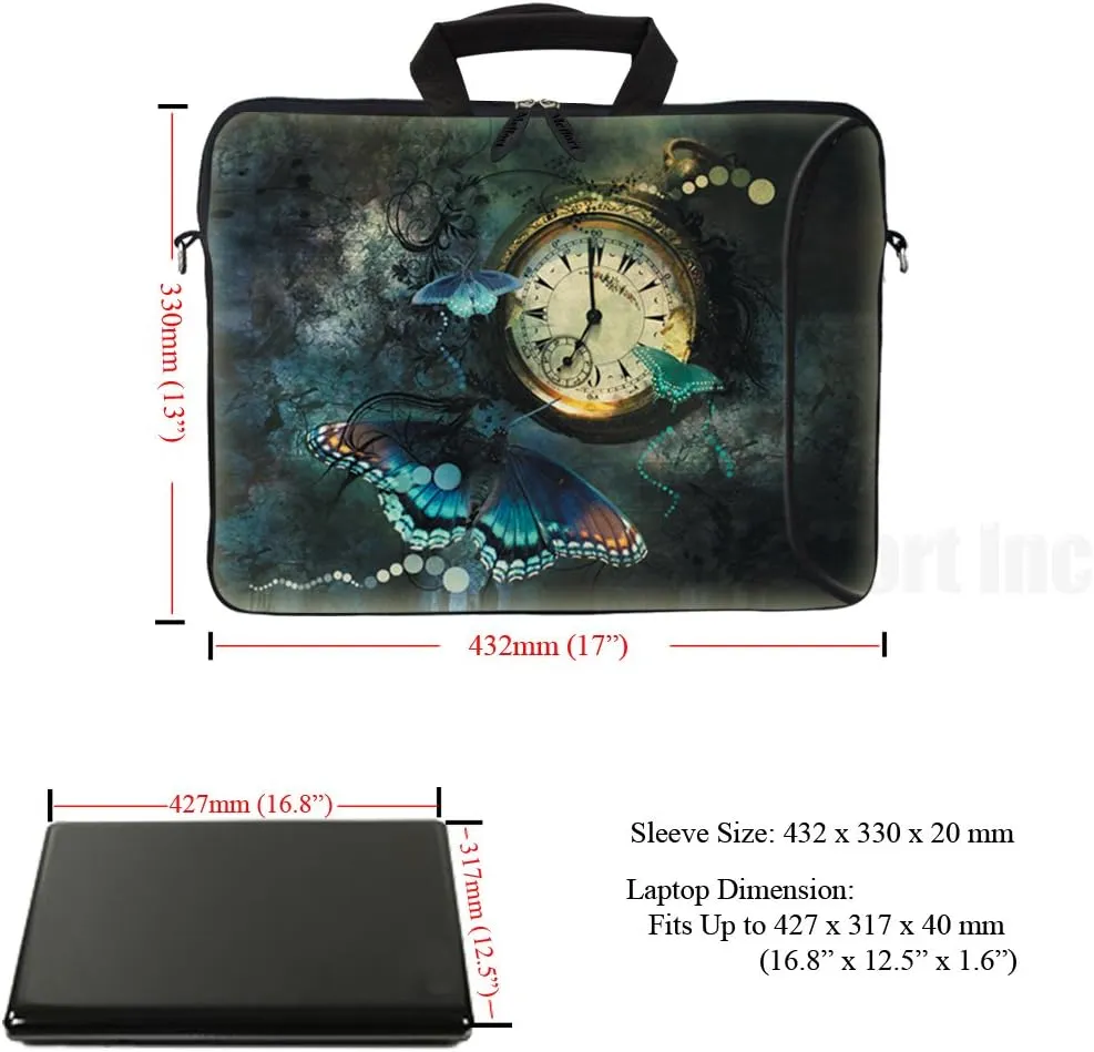 Meffort Inc 17 Inch Neoprene Laptop Bag with Extra Side Pocket, Soft Carrying Handle & Removable Shoulder Strap Fit 16" to 17.3" Size - Clock Butterfly