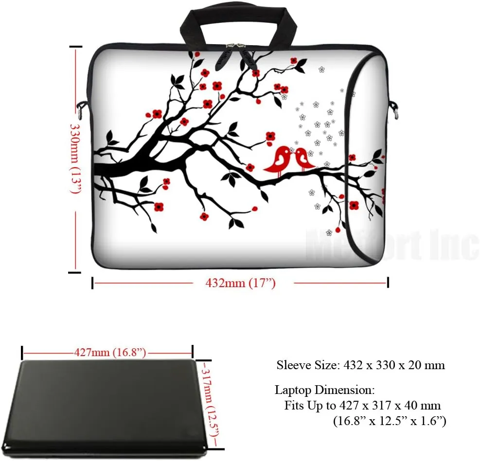 Meffort Inc 17 Inch Neoprene Laptop Bag with Extra Side Pocket, Soft Carrying Handle & Removable Shoulder Strap Fit 16" to 17.3" Size - Loving Birds