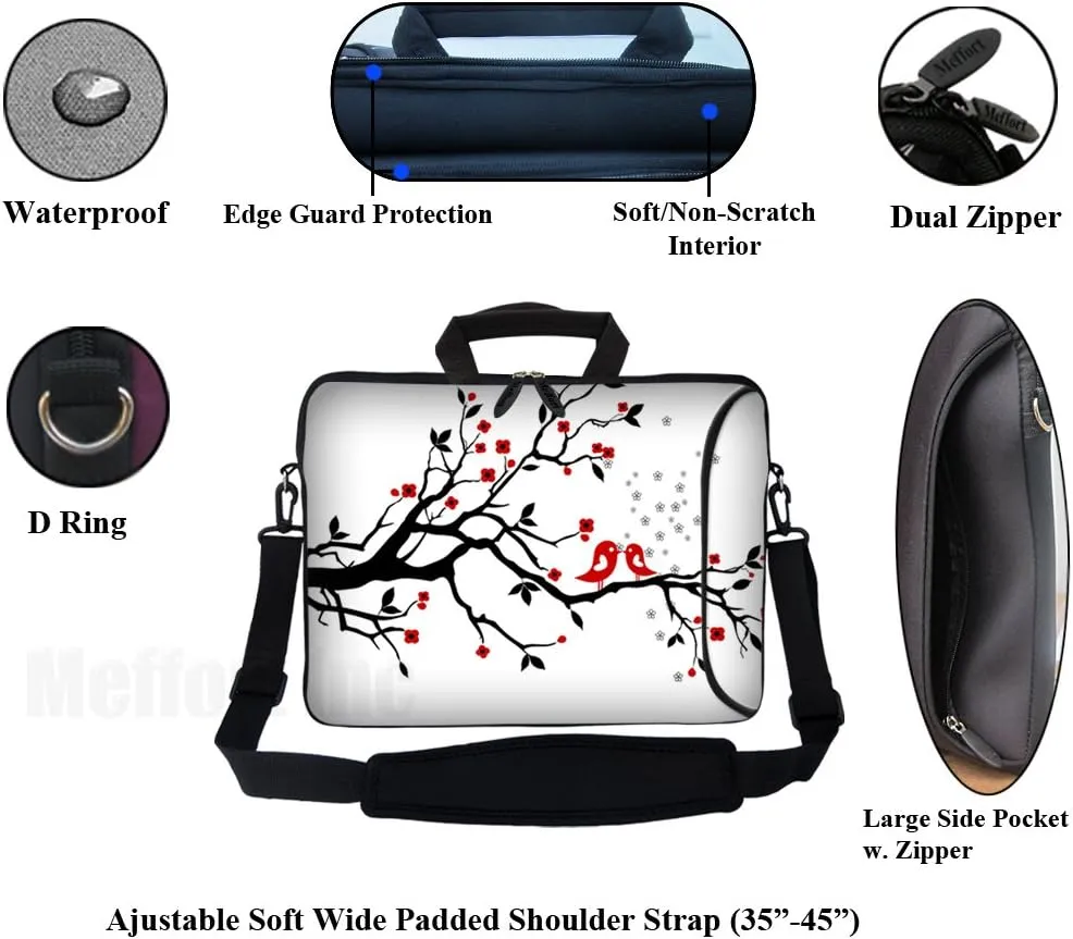 Meffort Inc 17 Inch Neoprene Laptop Bag with Extra Side Pocket, Soft Carrying Handle & Removable Shoulder Strap Fit 16" to 17.3" Size - Loving Birds
