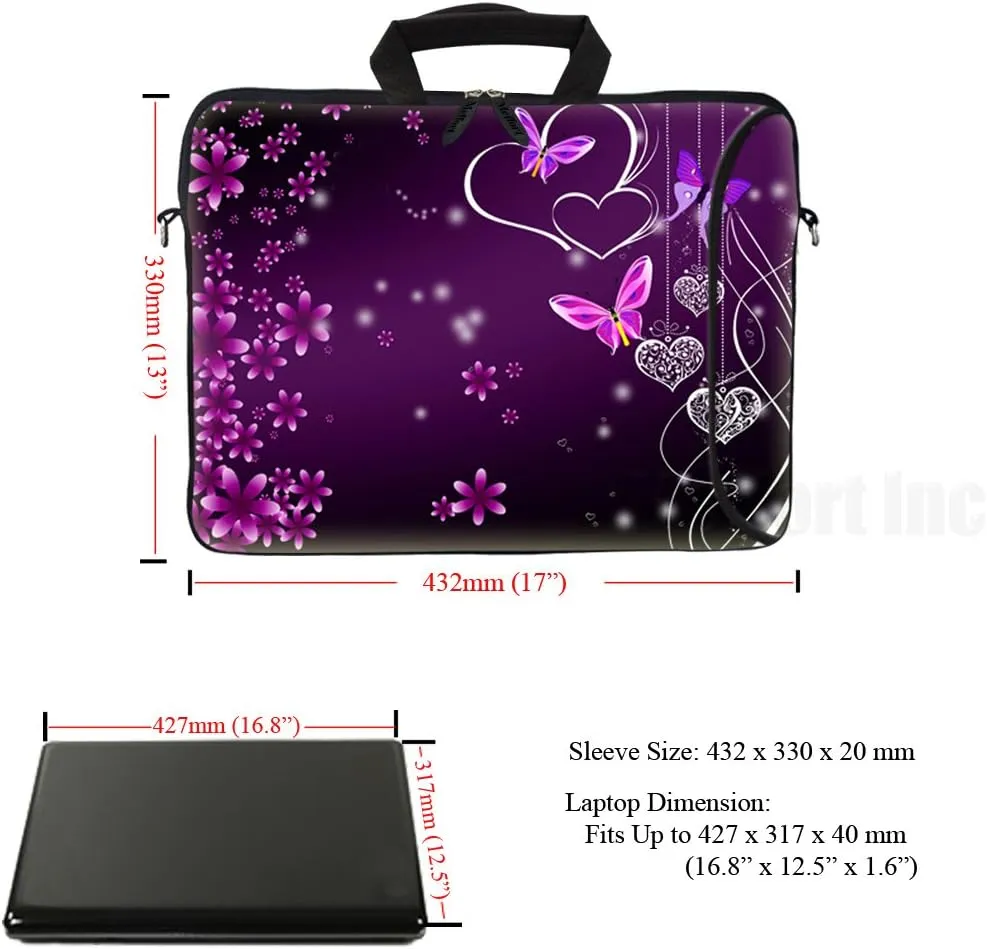 Meffort Inc 17 Inch Neoprene Laptop Bag with Extra Side Pocket, Soft Carrying Handle & Removable Shoulder Strap Fit 16" to 17.3" Size - Purple Heart Butterfly