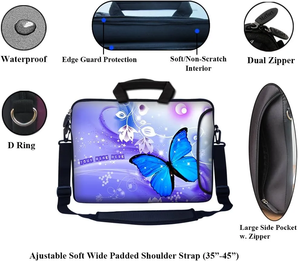 Meffort Inc Custom/Personalized Laptop Bag with Side Pocket & Shoulder Strap for Notebook Ultrabook Chromebook, Customized Your Name (10 Inch, Blue Butterflies)