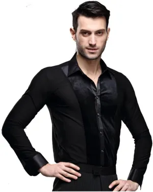 Men Long Sleeves Black Velvet Latin Ballroom Dance Shirts Suit Chacha Rumba Samba
