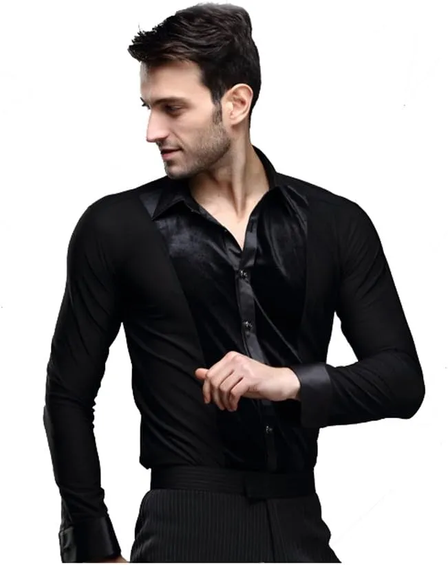 Men Long Sleeves Black Velvet Latin Ballroom Dance Shirts Suit Chacha Rumba Samba