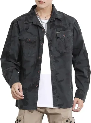 Men's Camouflage Military Shirts Relaxed Fit Multi Pockets Cotton Long Sleeves Shirts