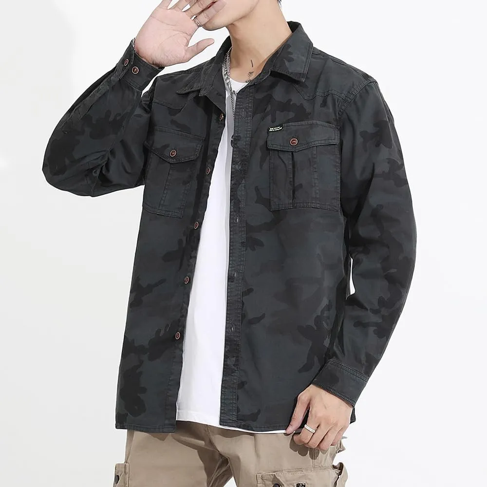 Men's Camouflage Military Shirts Relaxed Fit Multi Pockets Cotton Long Sleeves Shirts