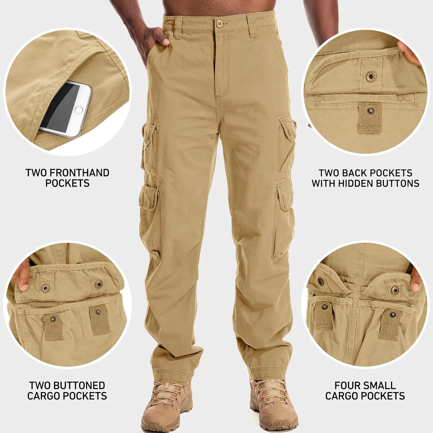 Men's Cargo Pants Cotton Ripstop Hiking Work Pants Comfort Casual Outdoor Pants with Multi Pockets