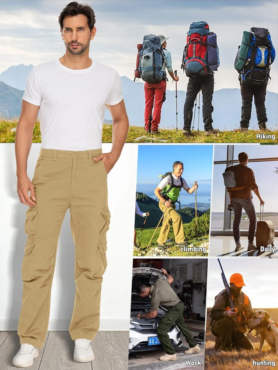 Men's Cargo Pants Cotton Ripstop Hiking Work Pants Comfort Casual Outdoor Pants with Multi Pockets