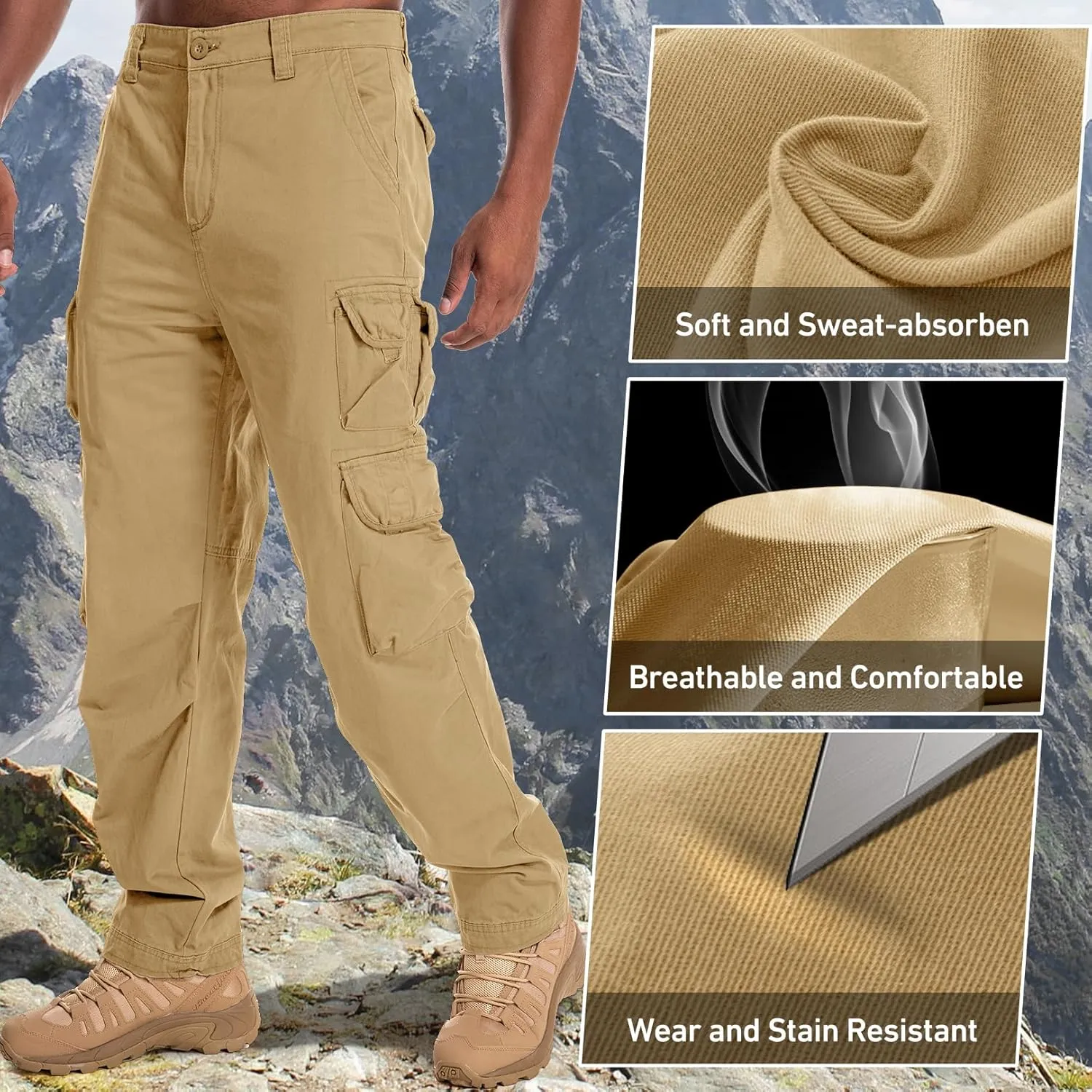 Men's Cargo Pants Cotton Ripstop Hiking Work Pants Comfort Casual Outdoor Pants with Multi Pockets