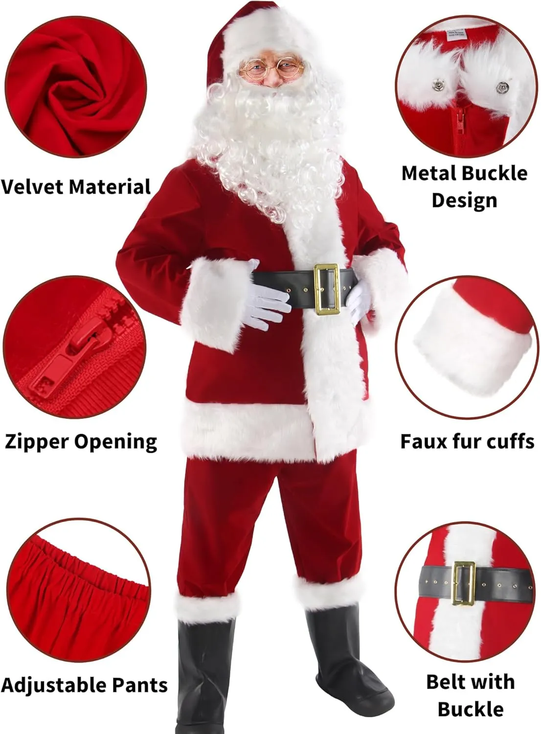 Men's Deluxe Santa Suit 11pc. Christmas Adult Professional Santa Claus Outfit Xmas