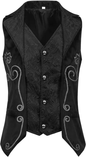 Mens Embroidered Waistcoat Gothic Steampunk Jacket Victorian Black Frock Coat Vintage Button Vest Medieval Costume