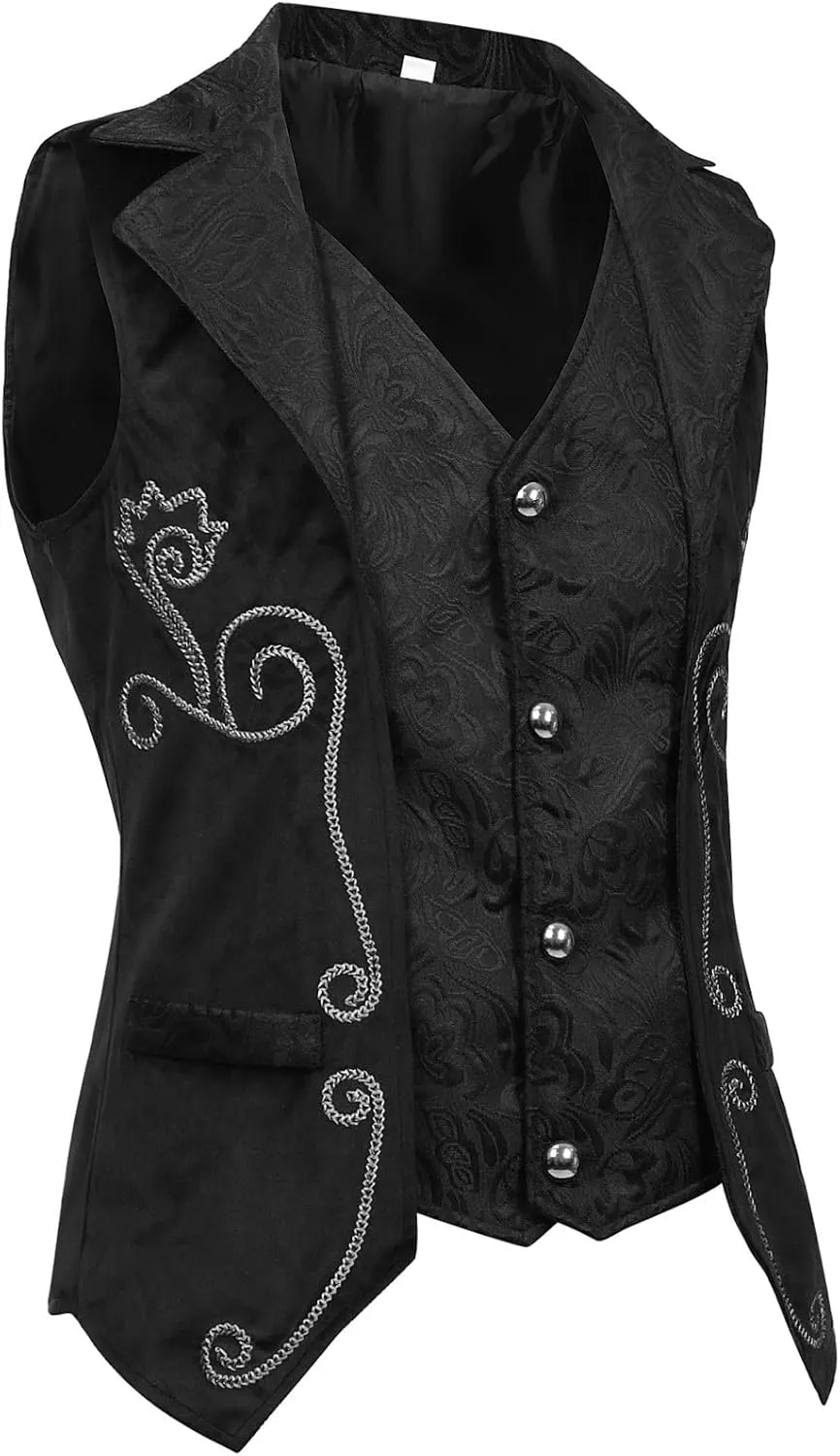 Mens Embroidered Waistcoat Gothic Steampunk Jacket Victorian Black Frock Coat Vintage Button Vest Medieval Costume