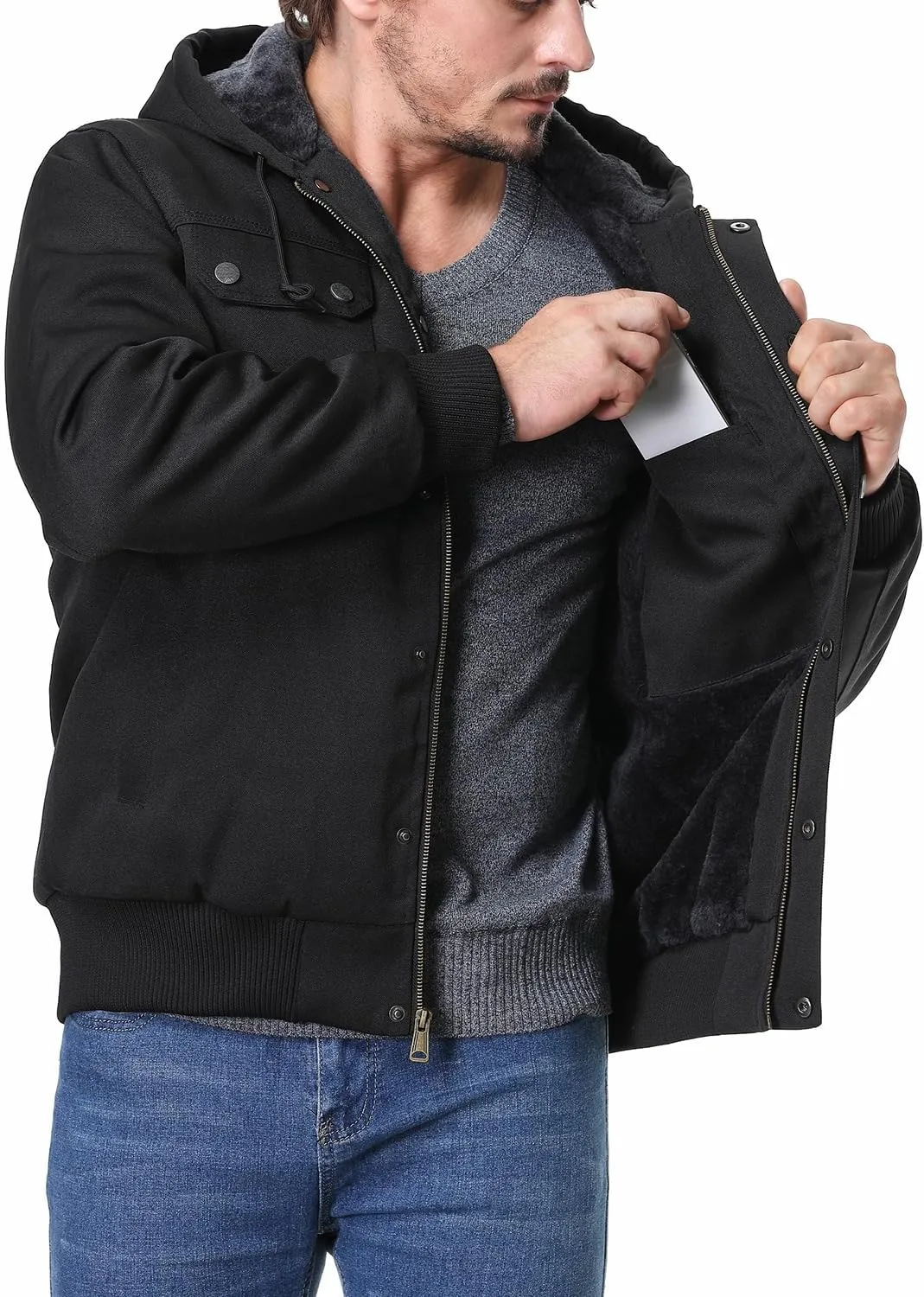 Men's Fit Relaxed Work Coat Fleece Lined Waterproof Workwear Winter Hooded Jacket with Multiple Pockets