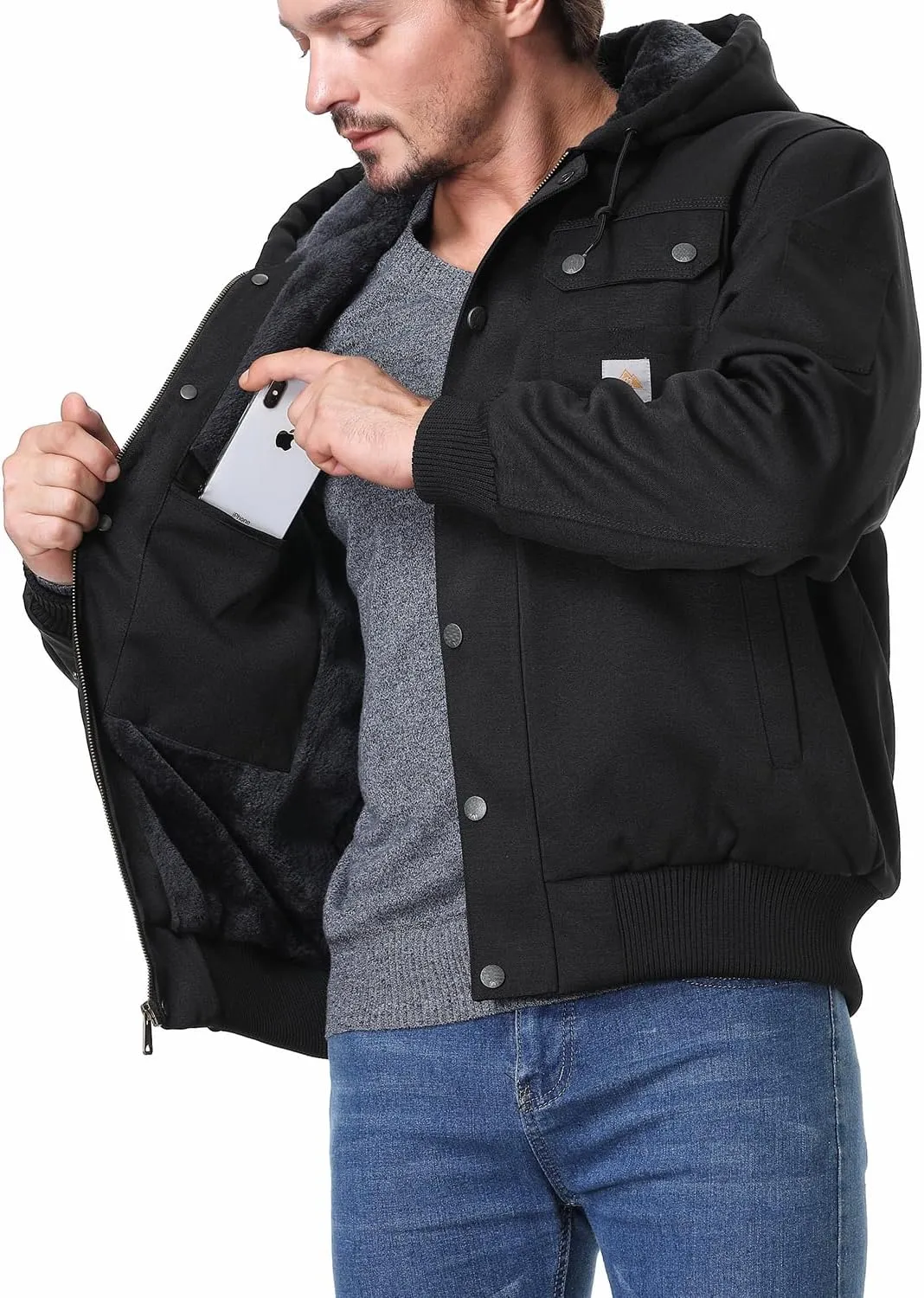 Men's Fit Relaxed Work Coat Fleece Lined Waterproof Workwear Winter Hooded Jacket with Multiple Pockets