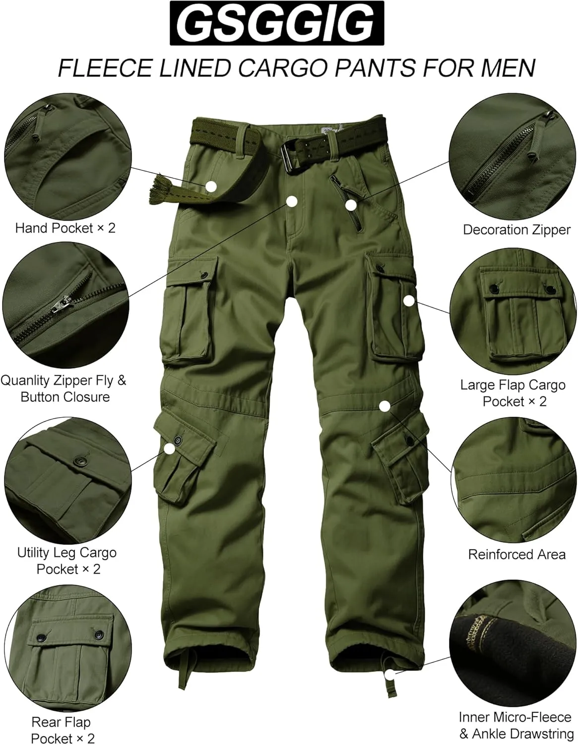 Men's Fleece Lined Hiking Pants, Winter Camo Cargo Pants Army Casual Work Ski Pants for Men with 8 Pockets No Belt