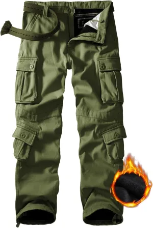 Men's Fleece Lined Hiking Pants, Winter Camo Cargo Pants Army Casual Work Ski Pants for Men with 8 Pockets No Belt