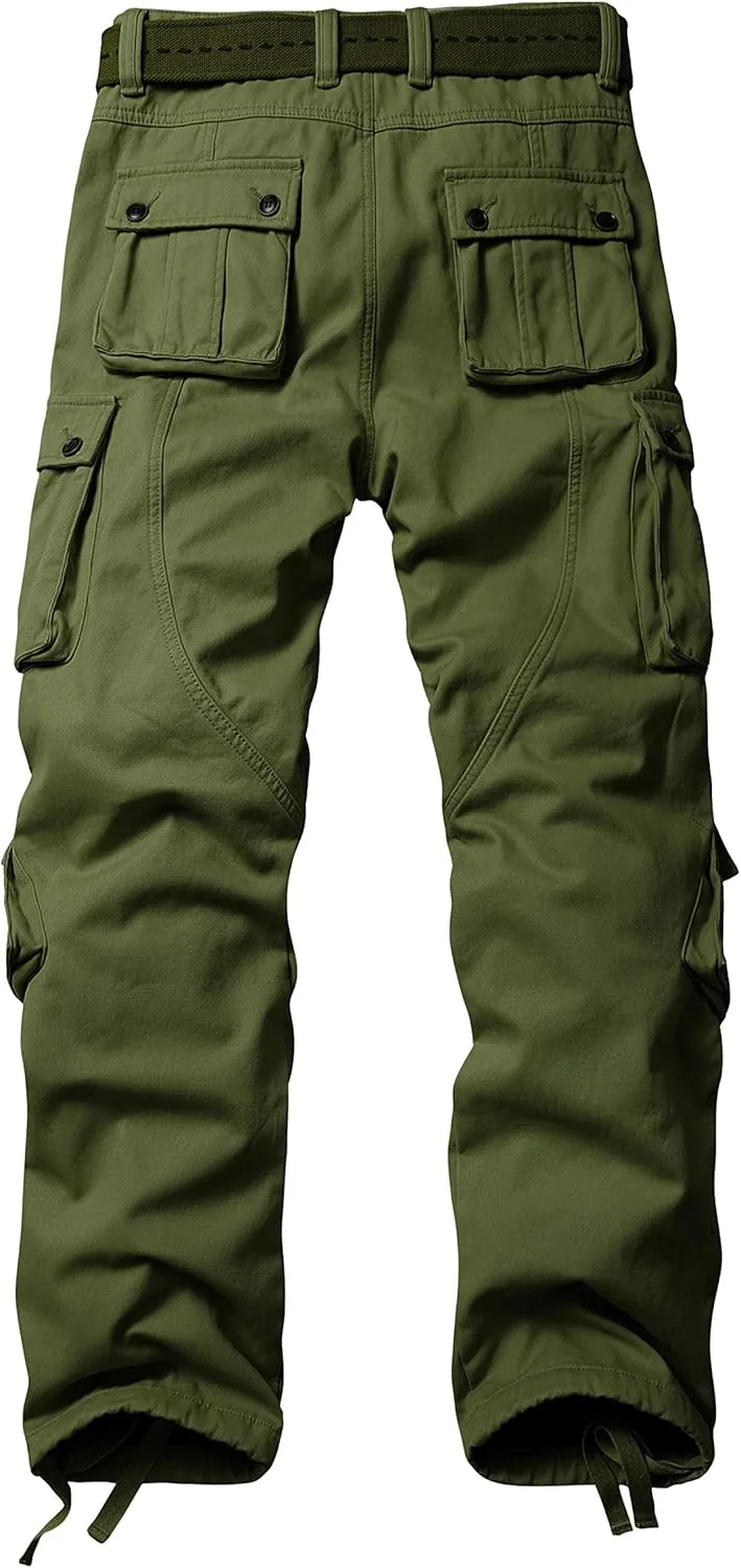 Men's Fleece Lined Hiking Pants, Winter Camo Cargo Pants Army Casual Work Ski Pants for Men with 8 Pockets No Belt