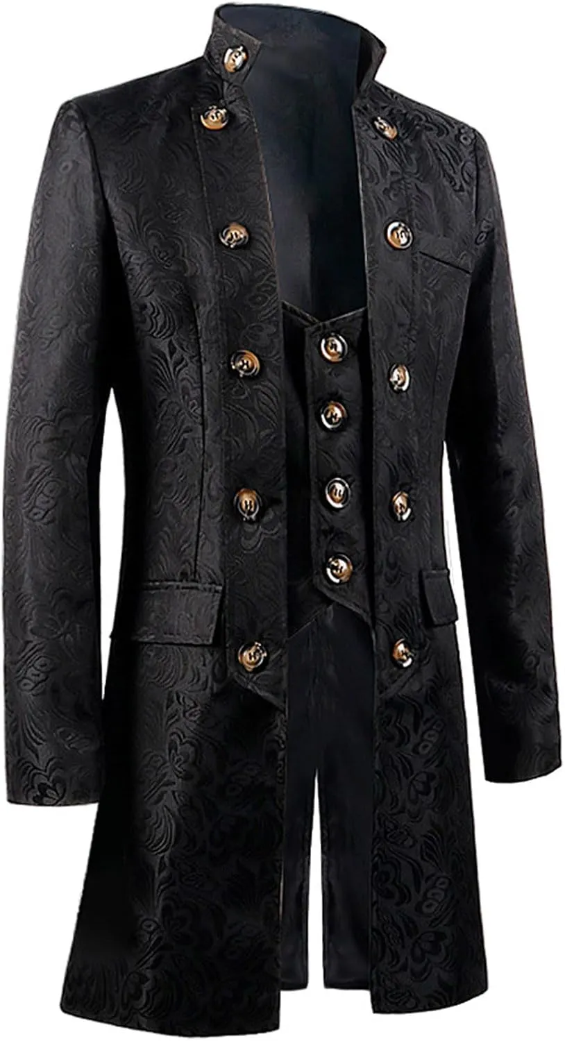 Men's Gothic Jacquard Tailcoat Button Medieval Splicing Tuxedo Coat Standing Collar Court Uniform Victorian Costume