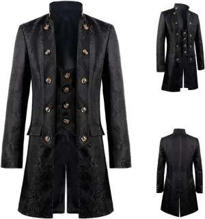 Men's Gothic Jacquard Tailcoat Button Medieval Splicing Tuxedo Coat Standing Collar Court Uniform Victorian Costume