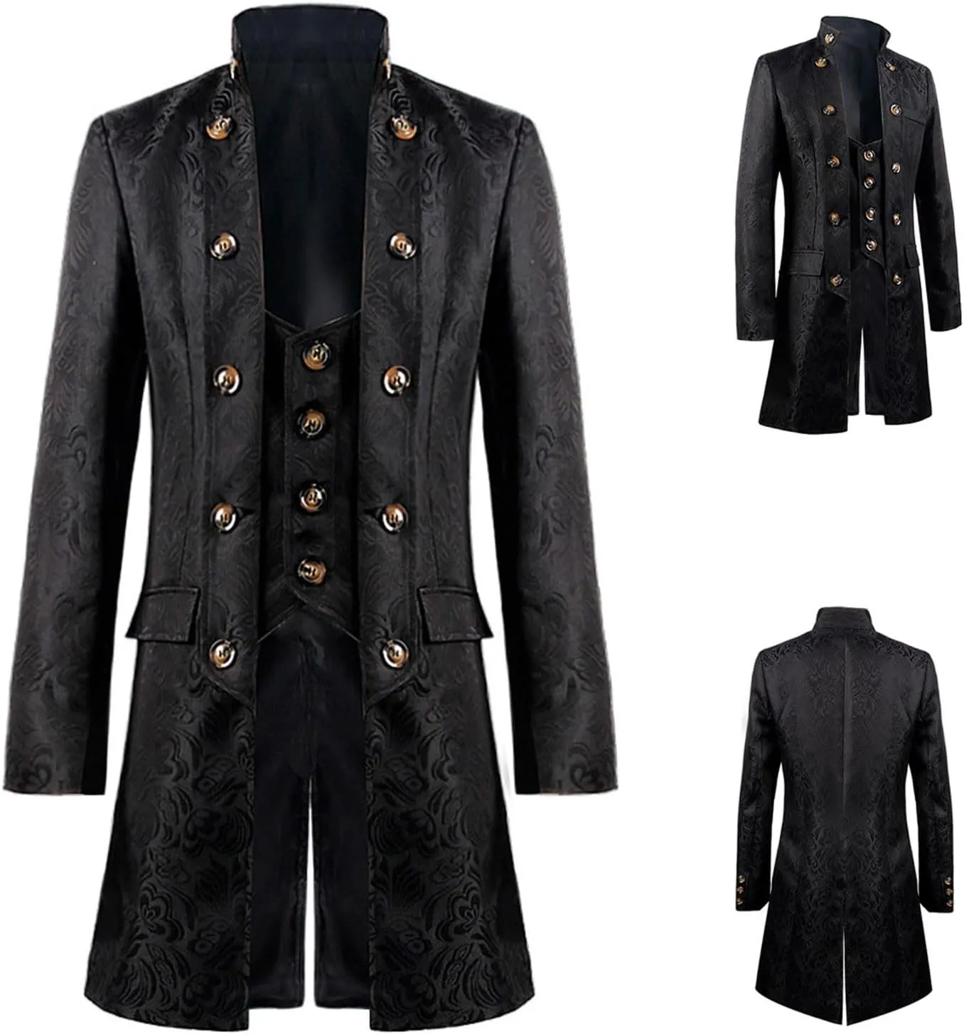 Men's Gothic Jacquard Tailcoat Button Medieval Splicing Tuxedo Coat Standing Collar Court Uniform Victorian Costume