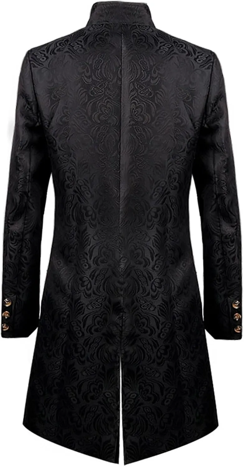 Men's Gothic Jacquard Tailcoat Button Medieval Splicing Tuxedo Coat Standing Collar Court Uniform Victorian Costume