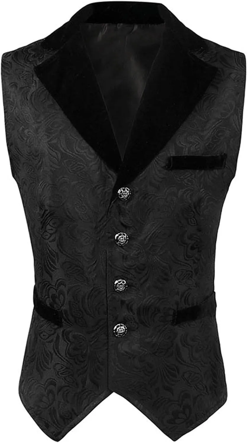 Mens Gothic Jacquard Vest Medieval Tailcoat Waistcoat Court Gown Vintage Slim Frock Coat Sleeveless Halloween Costume