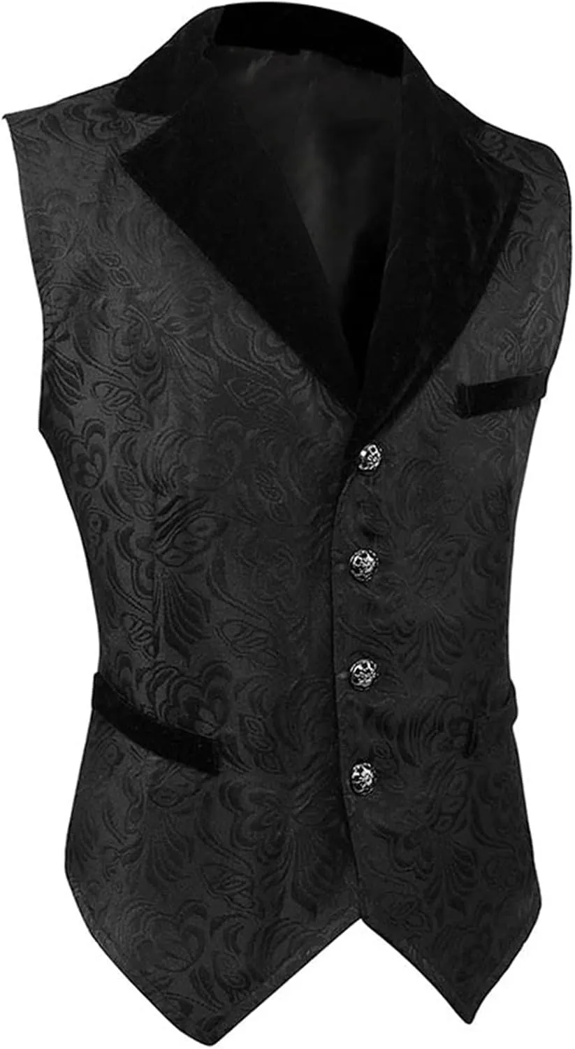Mens Gothic Jacquard Vest Medieval Tailcoat Waistcoat Court Gown Vintage Slim Frock Coat Sleeveless Halloween Costume