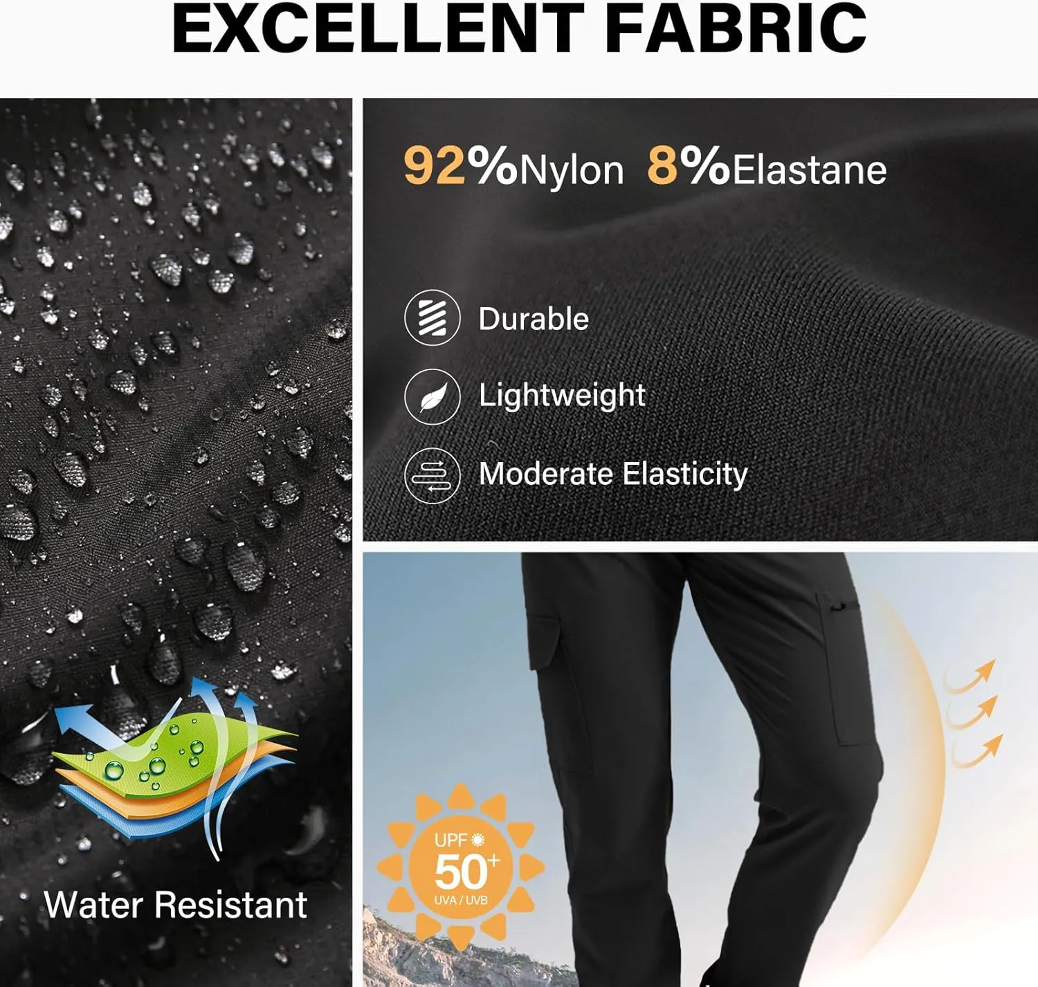 Mens Lightweight Hiking Pants Quick Dry Travel Cargo Pants UPF 50  Outdoor Stretch Trousers with 5 Utility Pockets