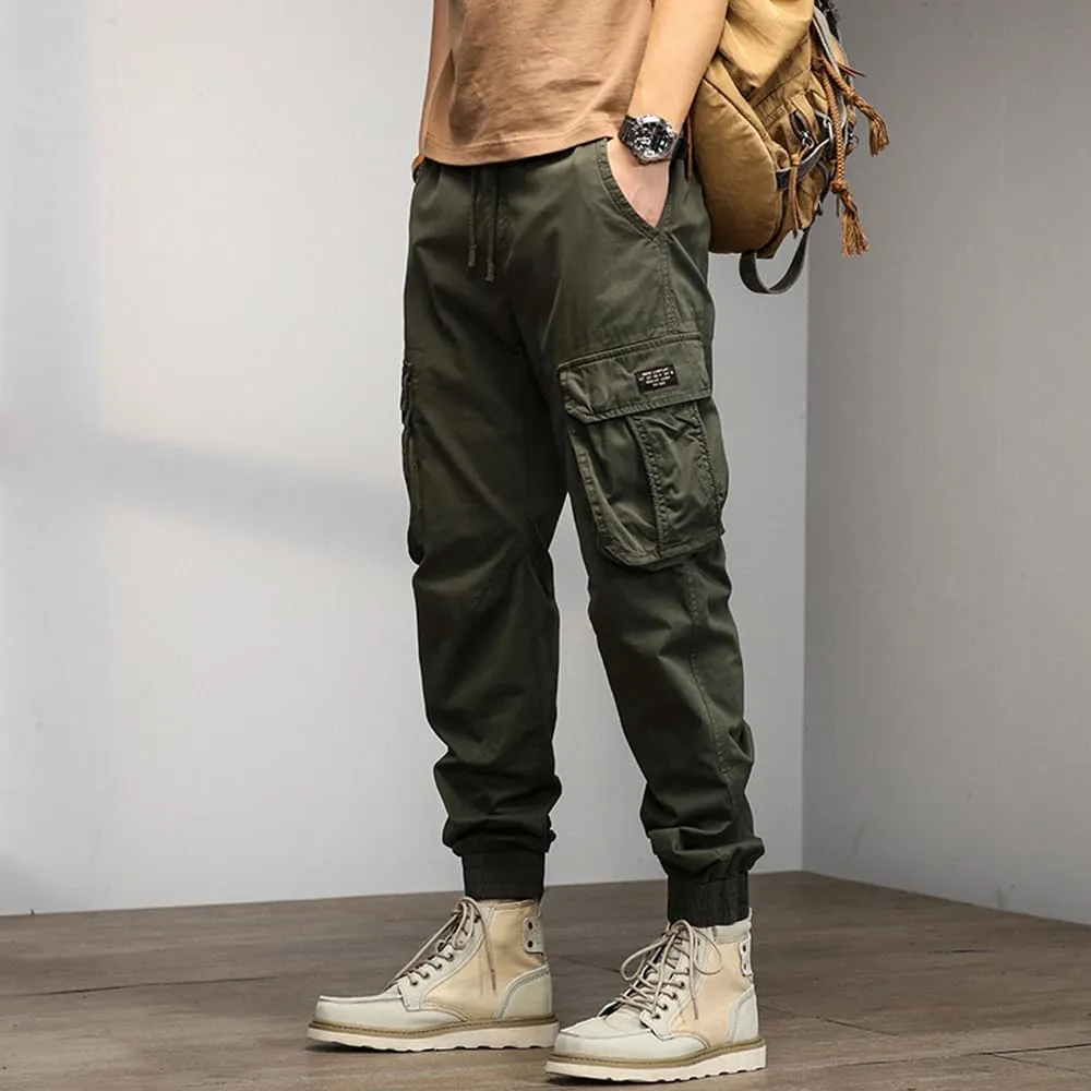 Men's Military Cargo Pants Drawstring Cotton Multi Pockets Regular Fit Work Pants