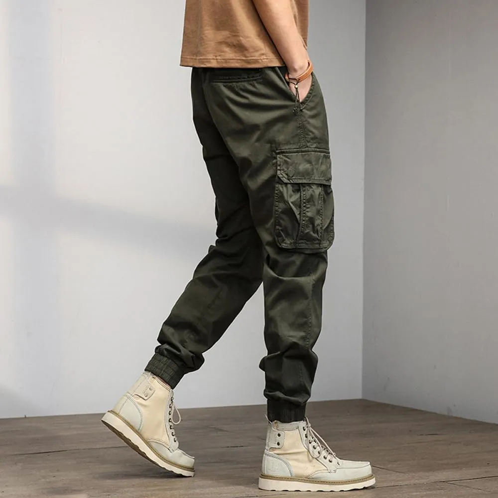 Men's Military Cargo Pants Drawstring Cotton Multi Pockets Regular Fit Work Pants