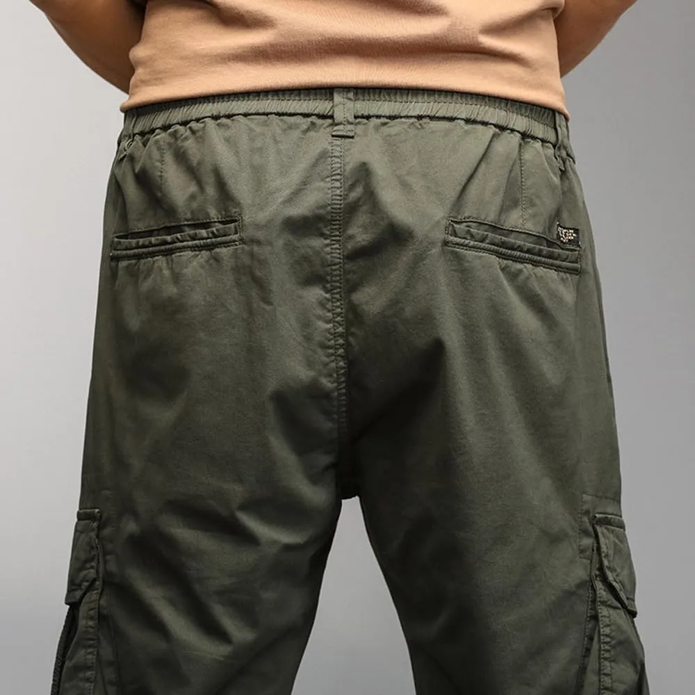 Men's Military Cargo Pants Drawstring Cotton Multi Pockets Regular Fit Work Pants