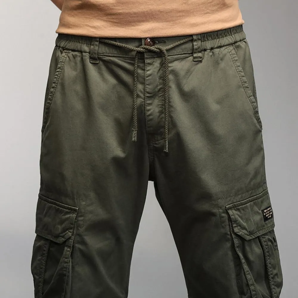 Men's Military Cargo Pants Drawstring Cotton Multi Pockets Regular Fit Work Pants