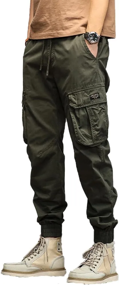 Men's Military Cargo Pants Drawstring Cotton Multi Pockets Regular Fit Work Pants