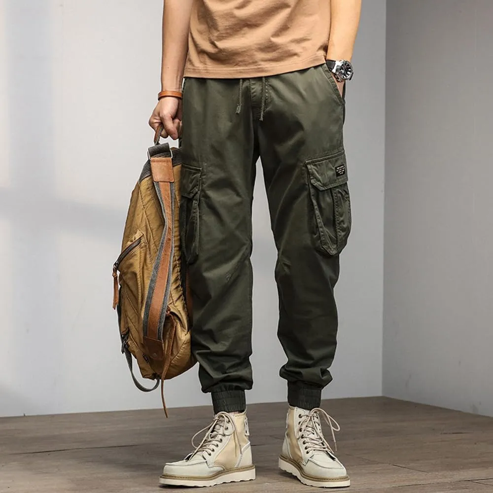 Men's Military Cargo Pants Drawstring Cotton Multi Pockets Regular Fit Work Pants