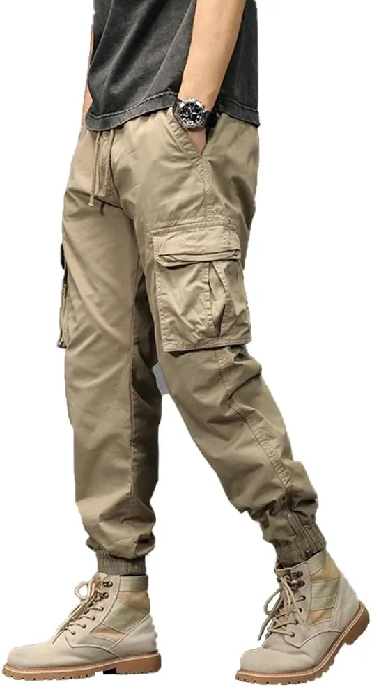 Men's Military Cargo Pants Drawstring Cotton Regular Fit Multi Pockets Work Pants