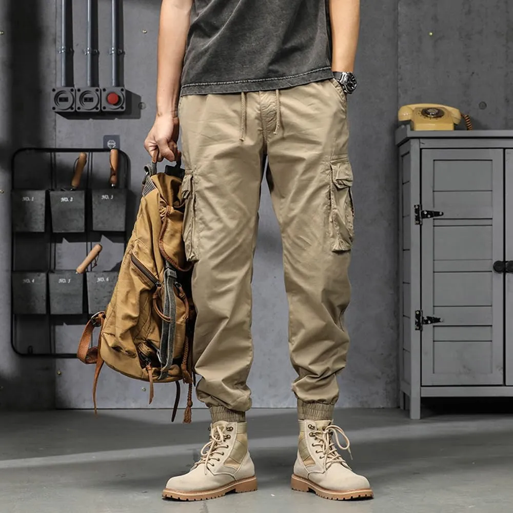 Men's Military Cargo Pants Drawstring Cotton Regular Fit Multi Pockets Work Pants