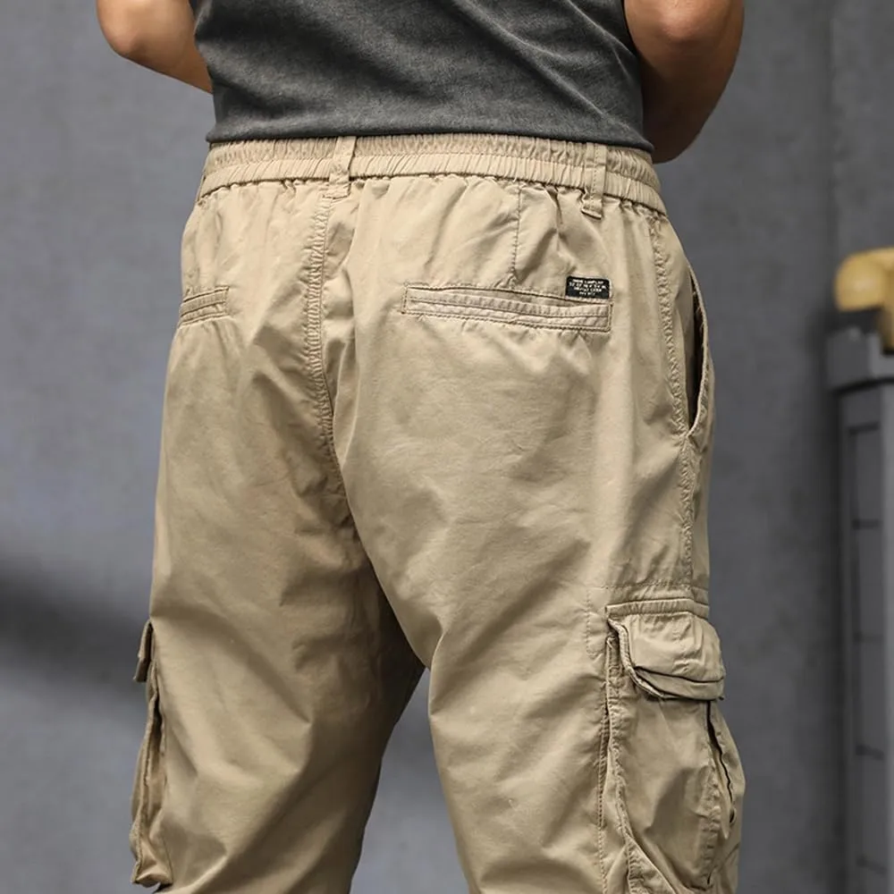 Men's Military Cargo Pants Drawstring Cotton Regular Fit Multi Pockets Work Pants